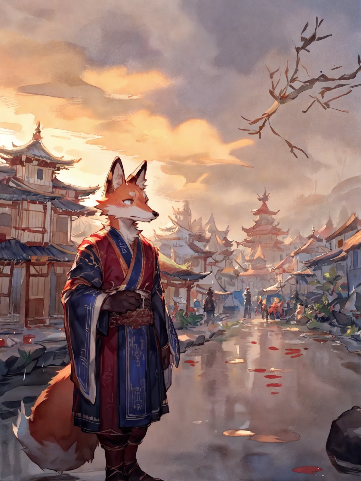 furry,male,anthro fox,fluffy muscle,Thin,15age juvenile,hanfu,Rain,disappointed and lost,Delicate face,Delicate eyes,Chang...